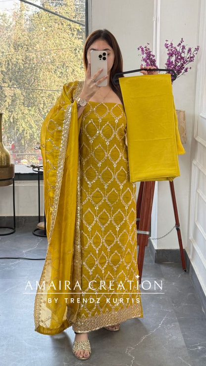 Premium mustard Glass Tissue Full Cut Work Unstitch Suit