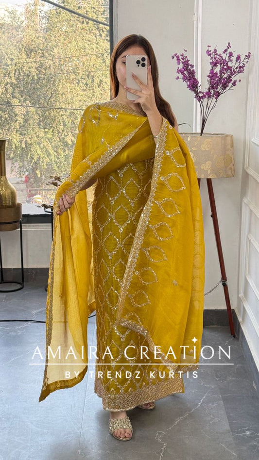 Premium mustard Glass Tissue Full Cut Work Unstitch Suit