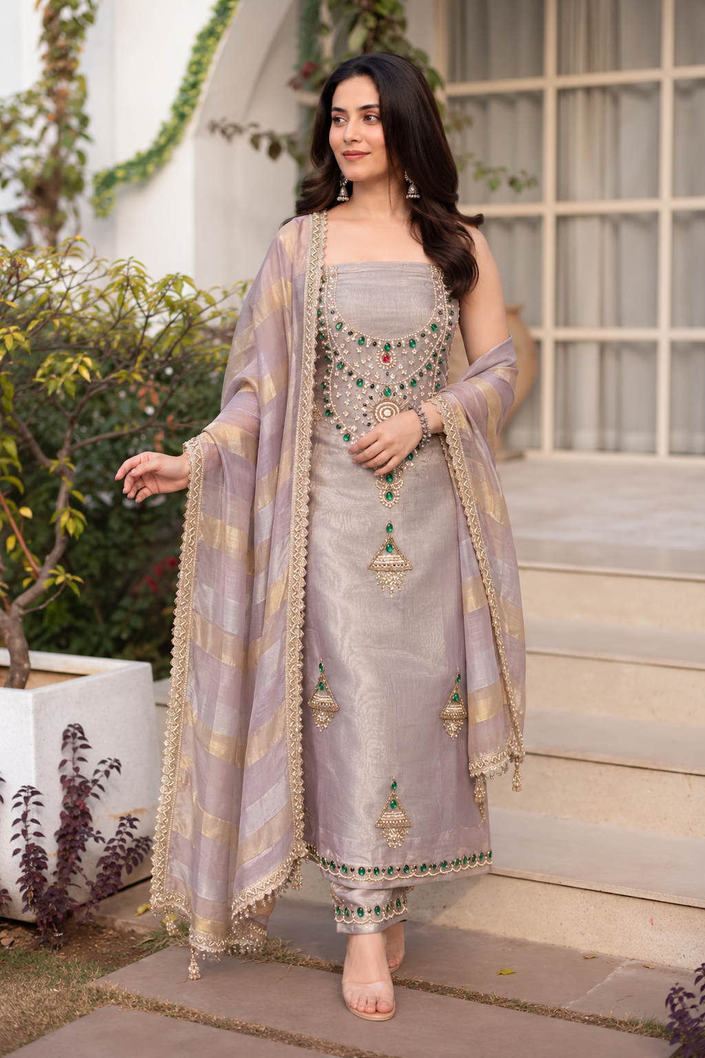 Premium Tissue Mauve Colour Beautiful Gem Work Unstitch Suit