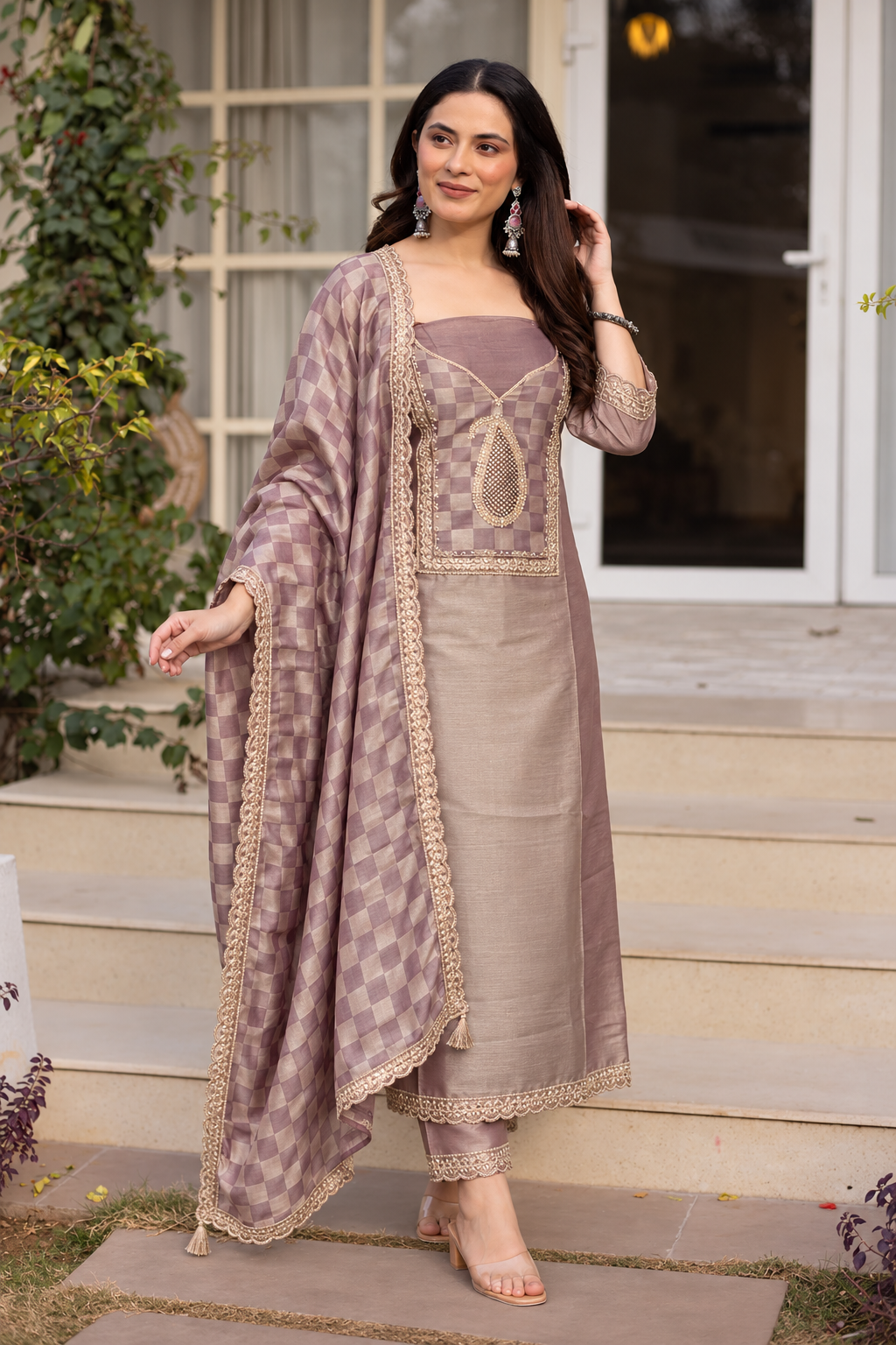 Premium Banarasi Brocade Brown Colour Unstitch Suit