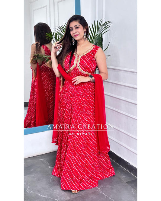 Red Lehriya Print Chinon Anarkali Set(Sleeves Available)