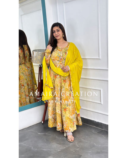 Mustard Color Chinnon Anarkali Set