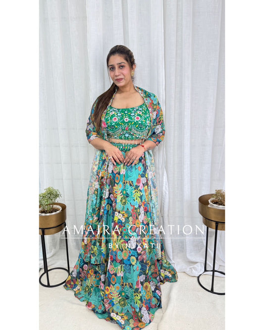 Green Floral Crop-Top Skirt