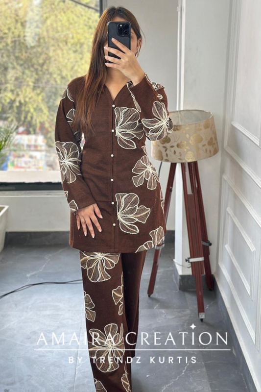 Premium Woolen Rust Colour Wonderful Thread Embroidered Cord Set