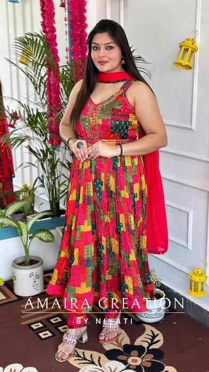 Multicolour Chinnon Anarkali Set