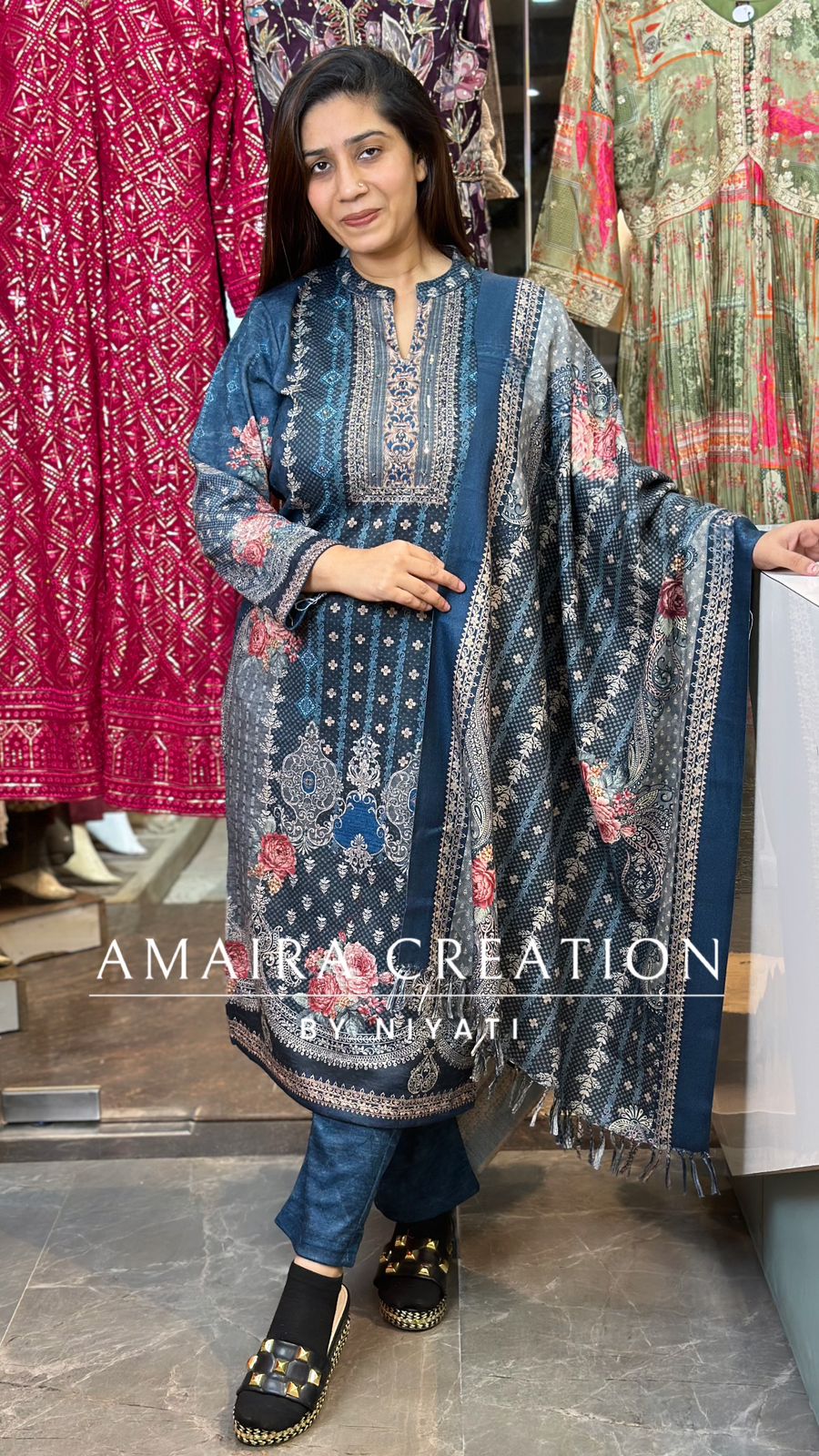 Blue Color Printed Woolen Suit