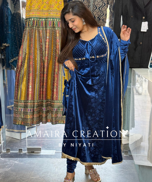 Blue Padded Velvet Anarkali Set