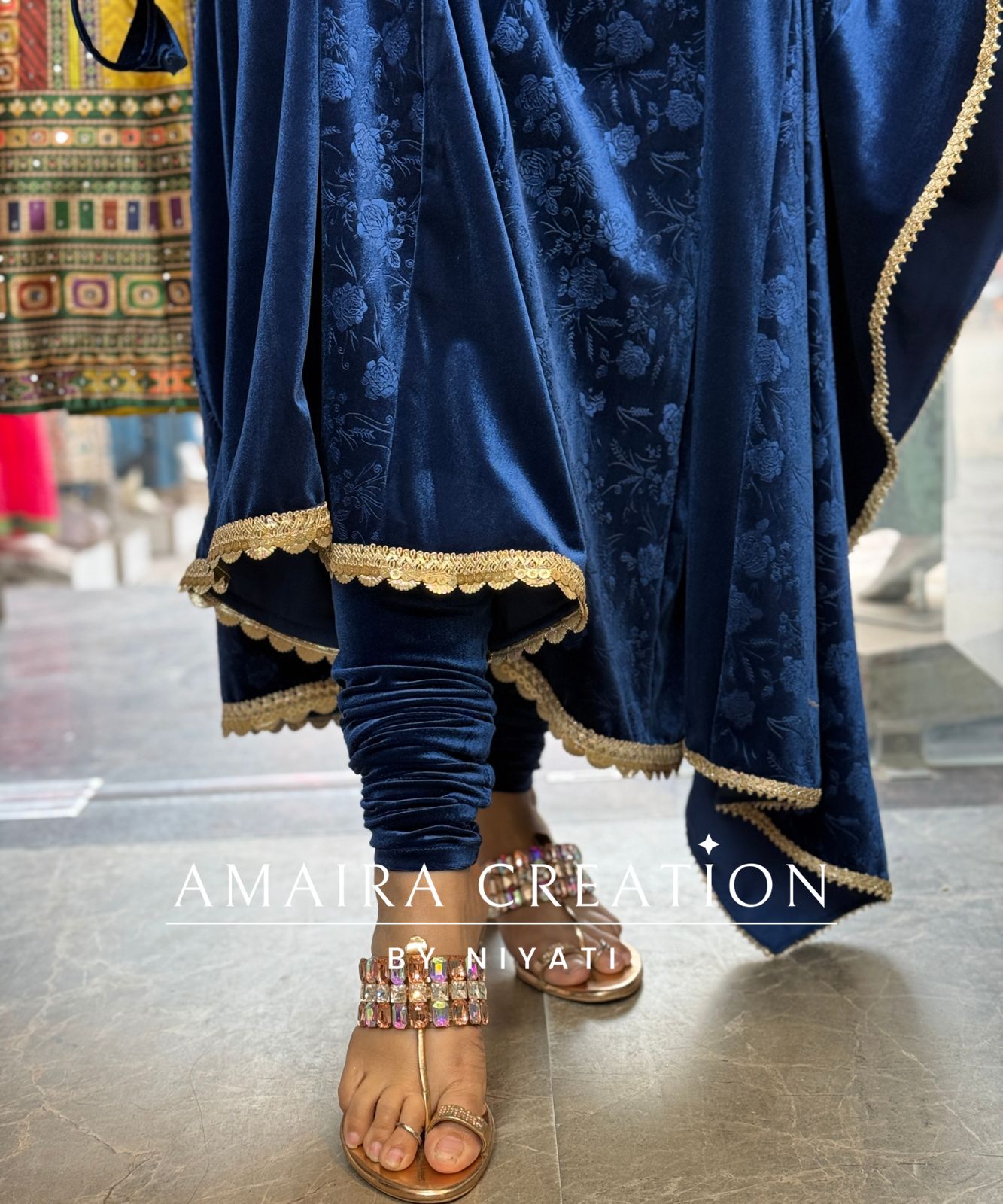 Blue Padded Velvet Anarkali Set