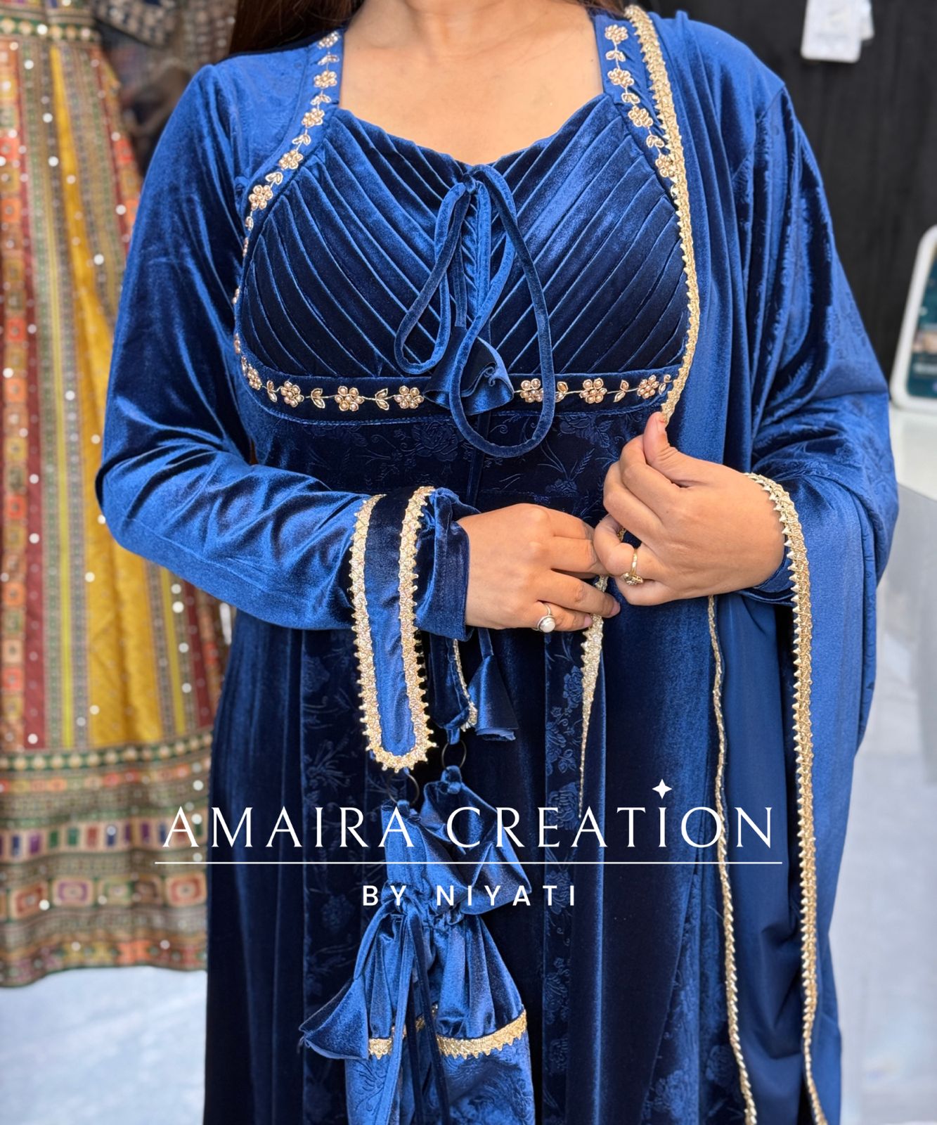 Blue Padded Velvet Anarkali Set