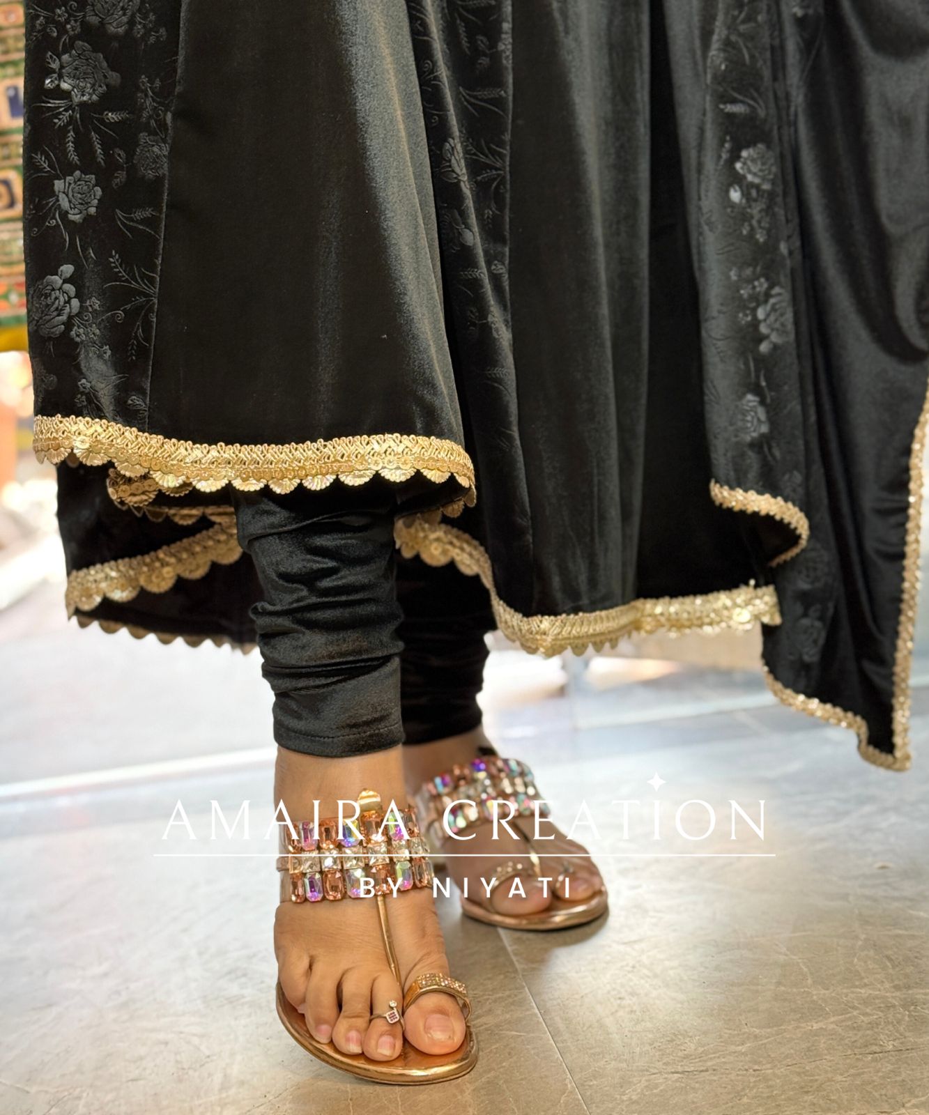 Black Padded Velvet Anarkali Set