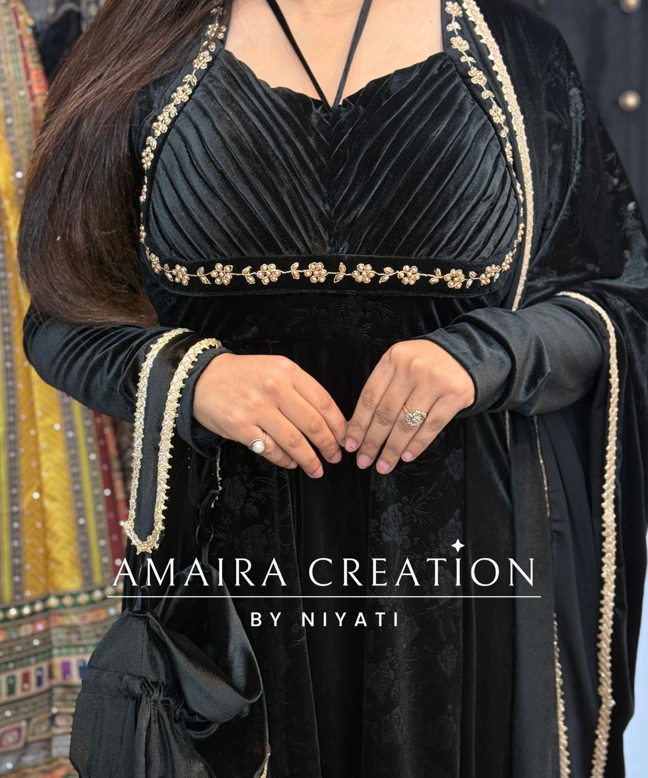 Black Padded Velvet Anarkali Set