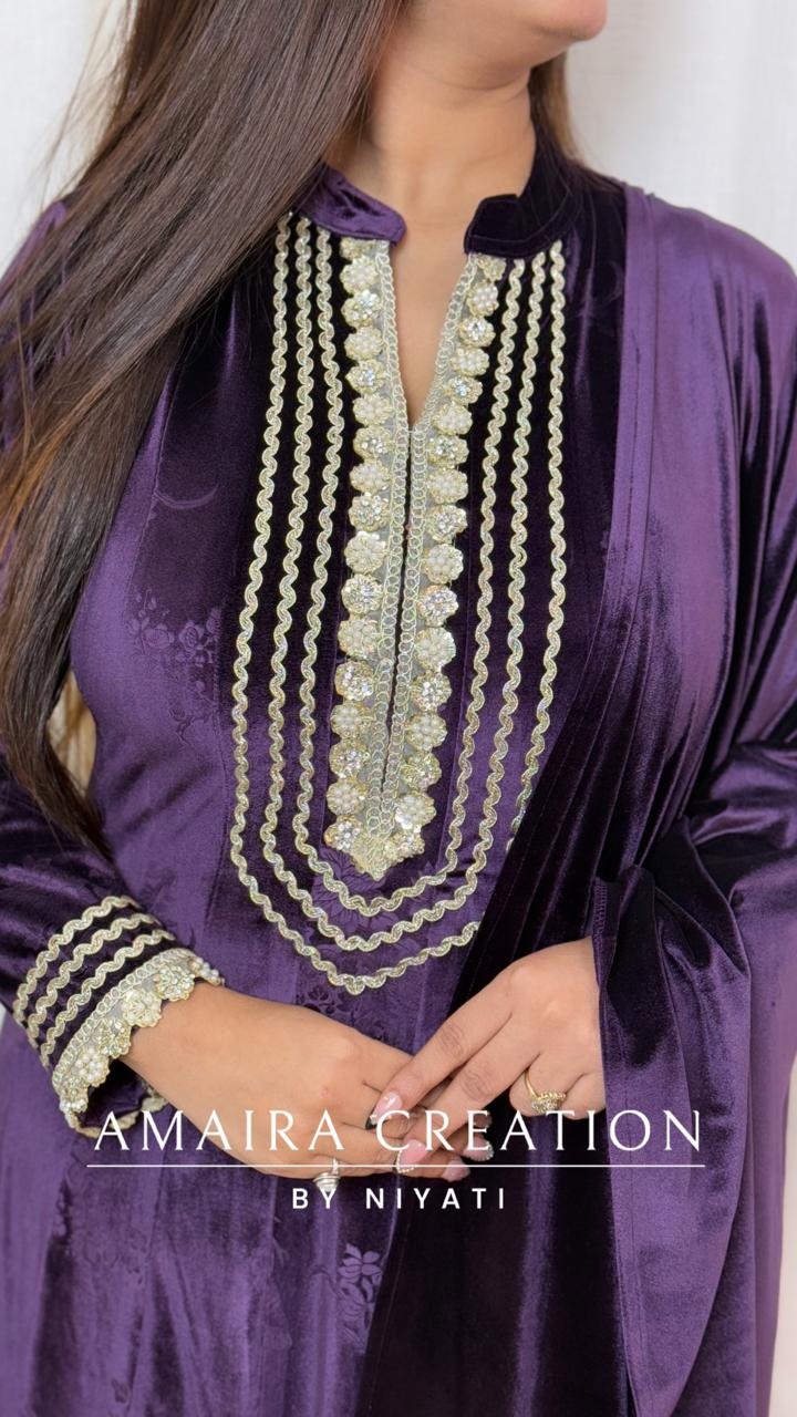 Purple Velvet Anarkali Set