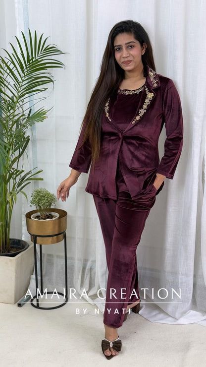 Velvet 3 piece Indo Western Coord Set With Beautiful Handwork