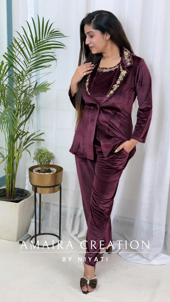 Velvet 3 piece Indo Western Coord Set With Beautiful Handwork