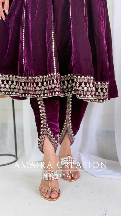 Purple Velvet Peplum Dhoti Set