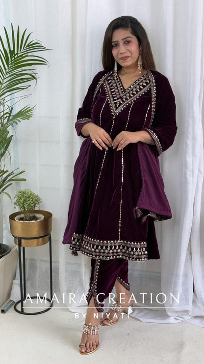 Purple Velvet Peplum Dhoti Set