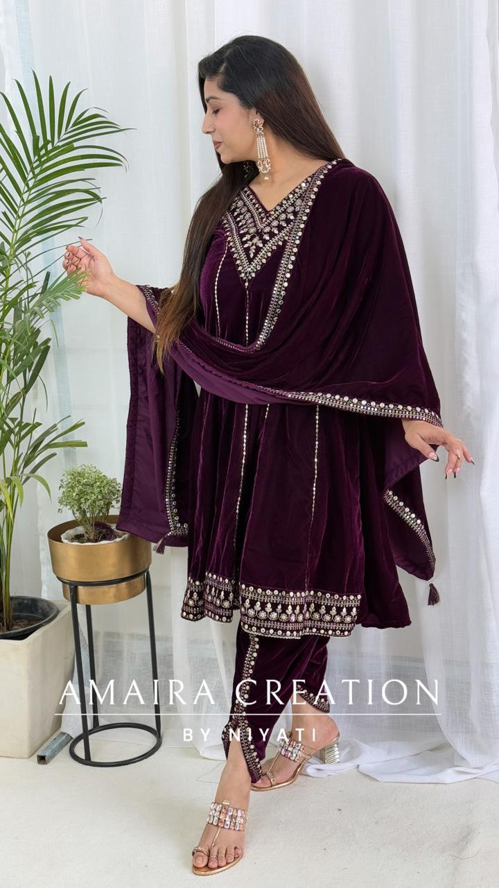 Purple Velvet Peplum Dhoti Set