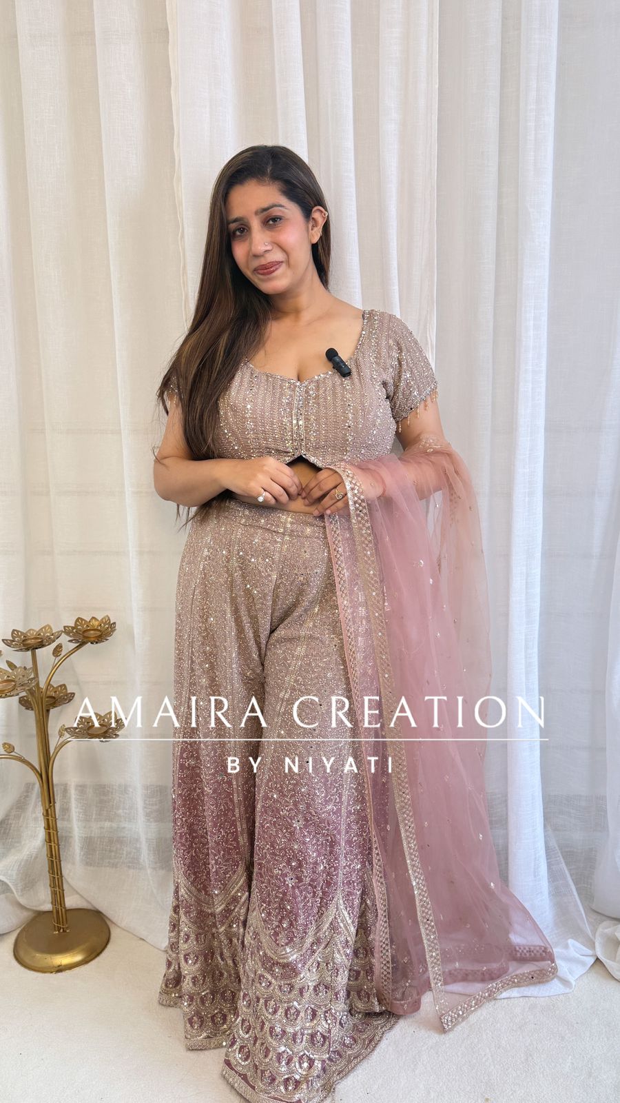 Mauve Ombre Net Indo Western Crop Top  Set