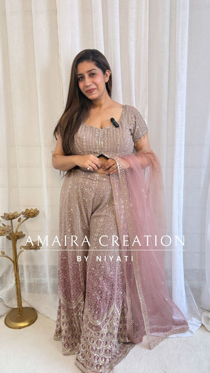 Mauve Ombre Net Indo Western Crop Top  Set