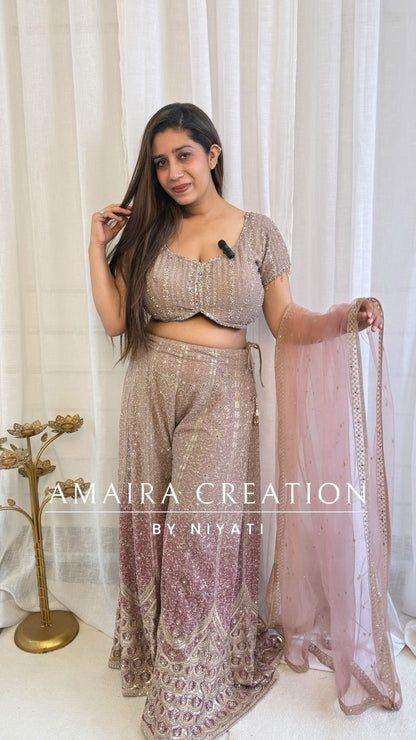 Mauve Ombre Net Indo Western Crop Top  Set
