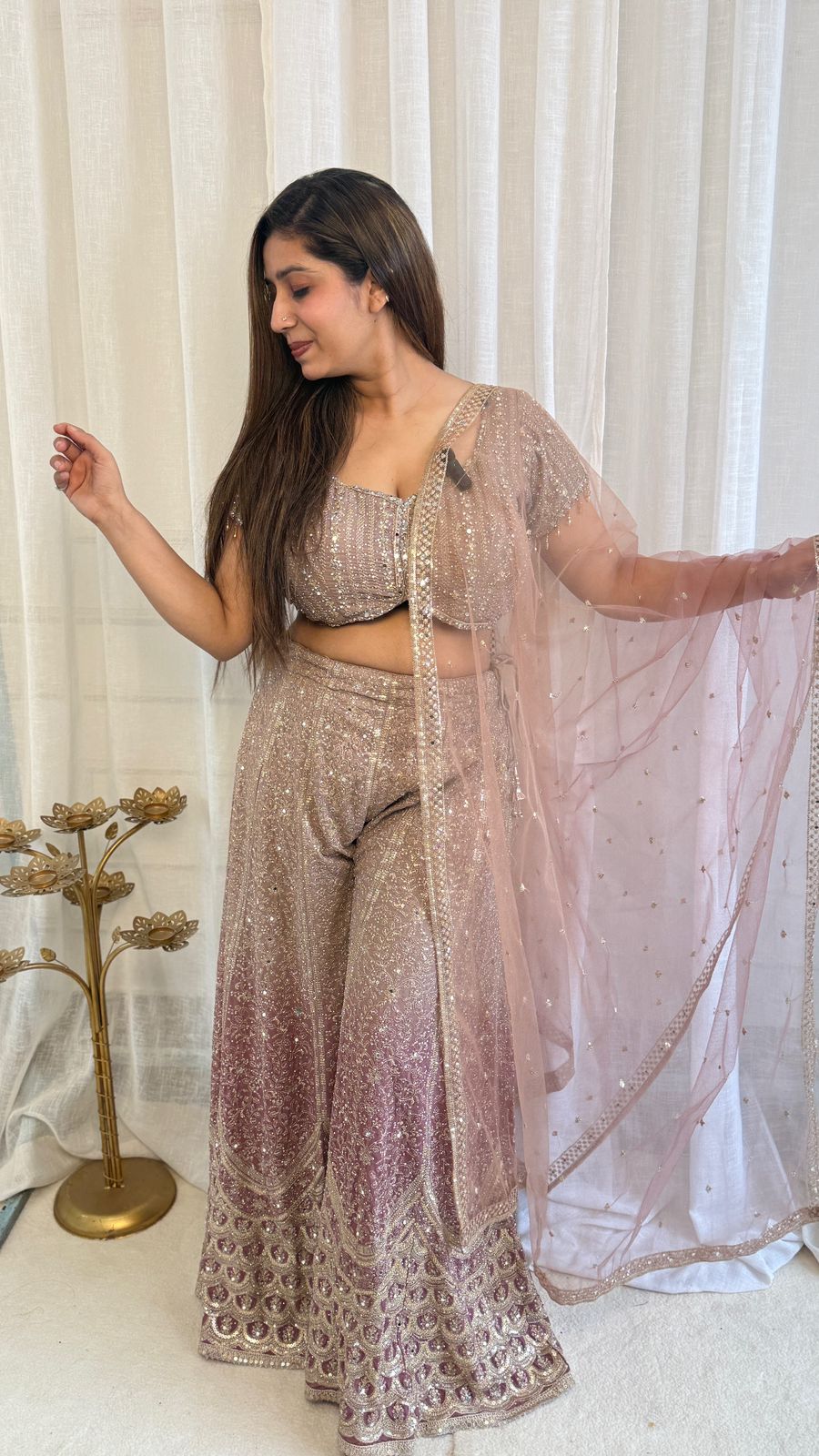 Mauve Ombre Net Indo Western Crop Top  Set