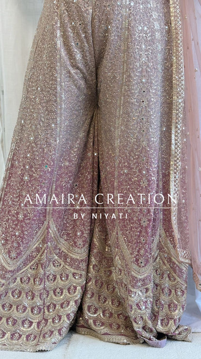 Mauve Ombre Net Indo Western Crop Top  Set