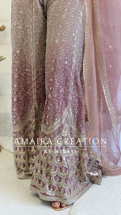 Mauve Ombre Net Indo Western Crop Top  Set