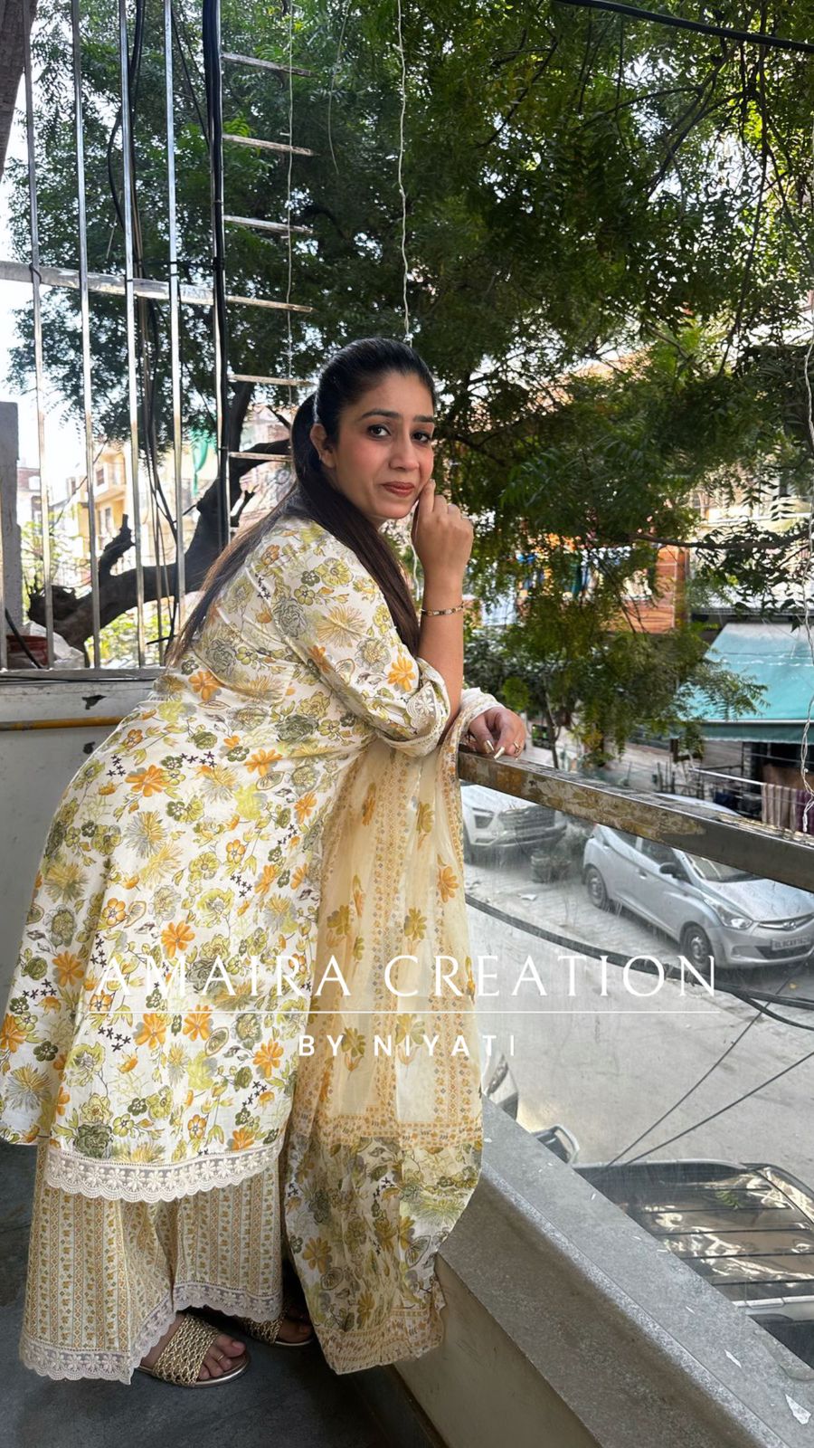 Ivory Cotton Floral A line Plazo Set