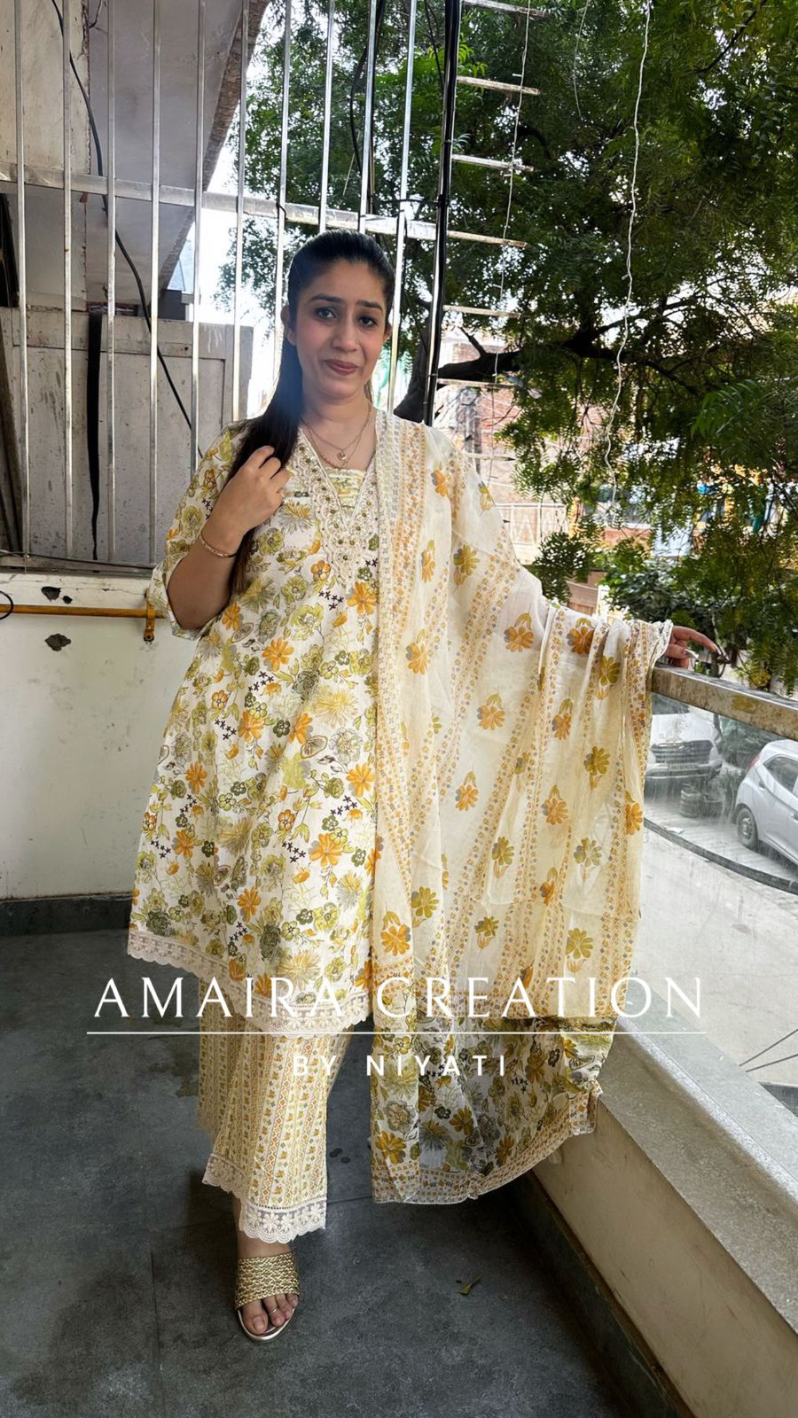 Ivory Cotton Floral A line Plazo Set