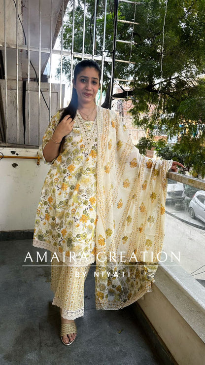 Ivory Cotton Floral A line Plazo Set