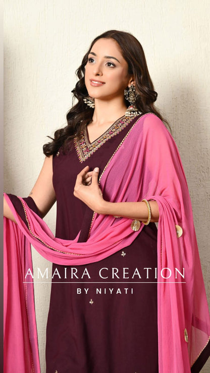 Wine Vichitra Silk Pant Set(17 inches Sleeves Available)
