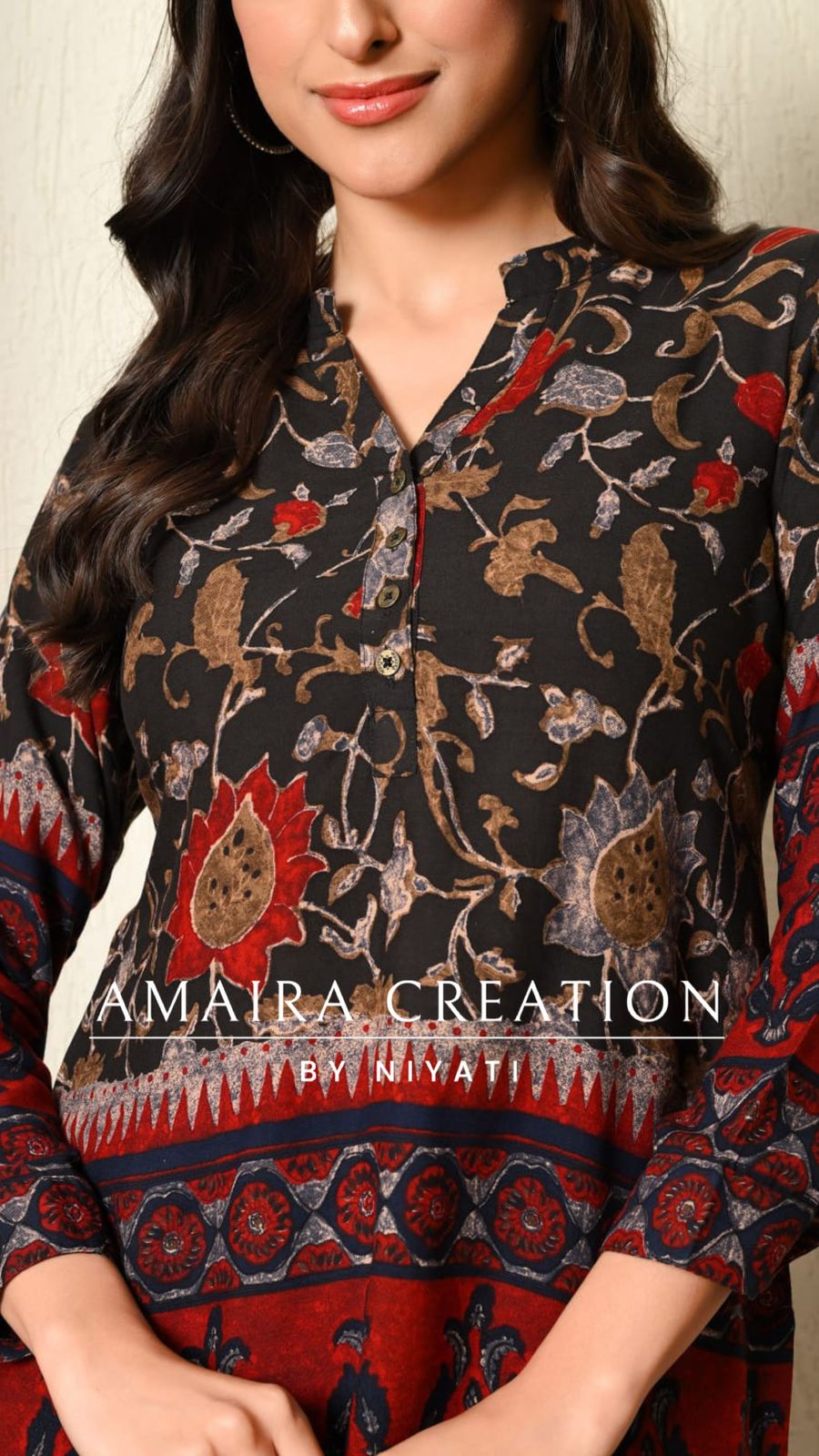 Black Kalamkari Print Reyon Fabric Cord Set