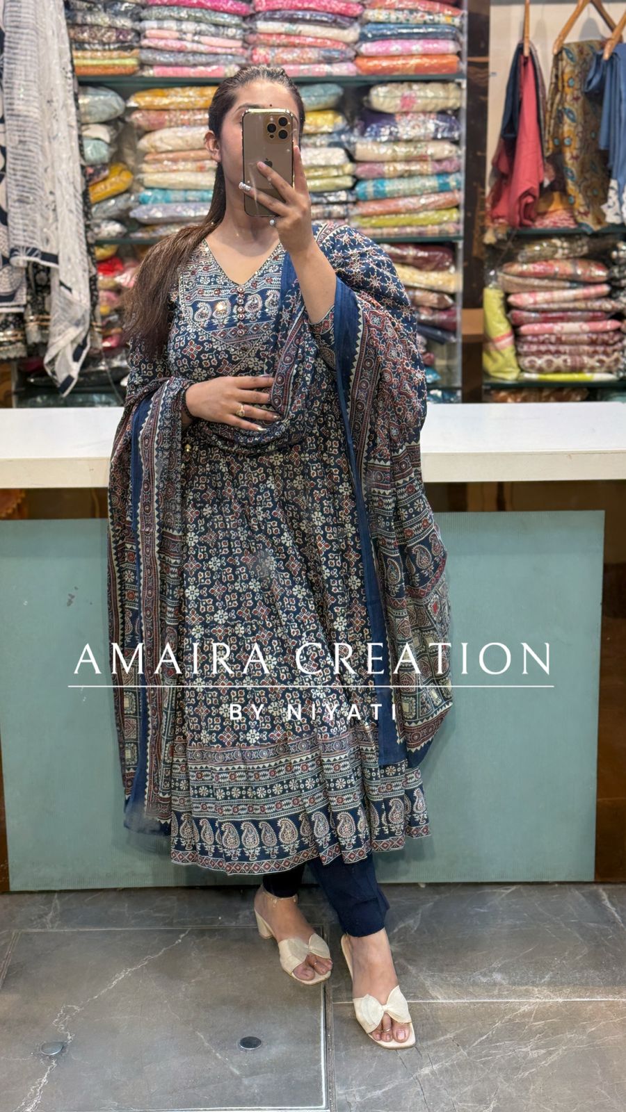 Blue Color Ajrak Print Anarkali Set
