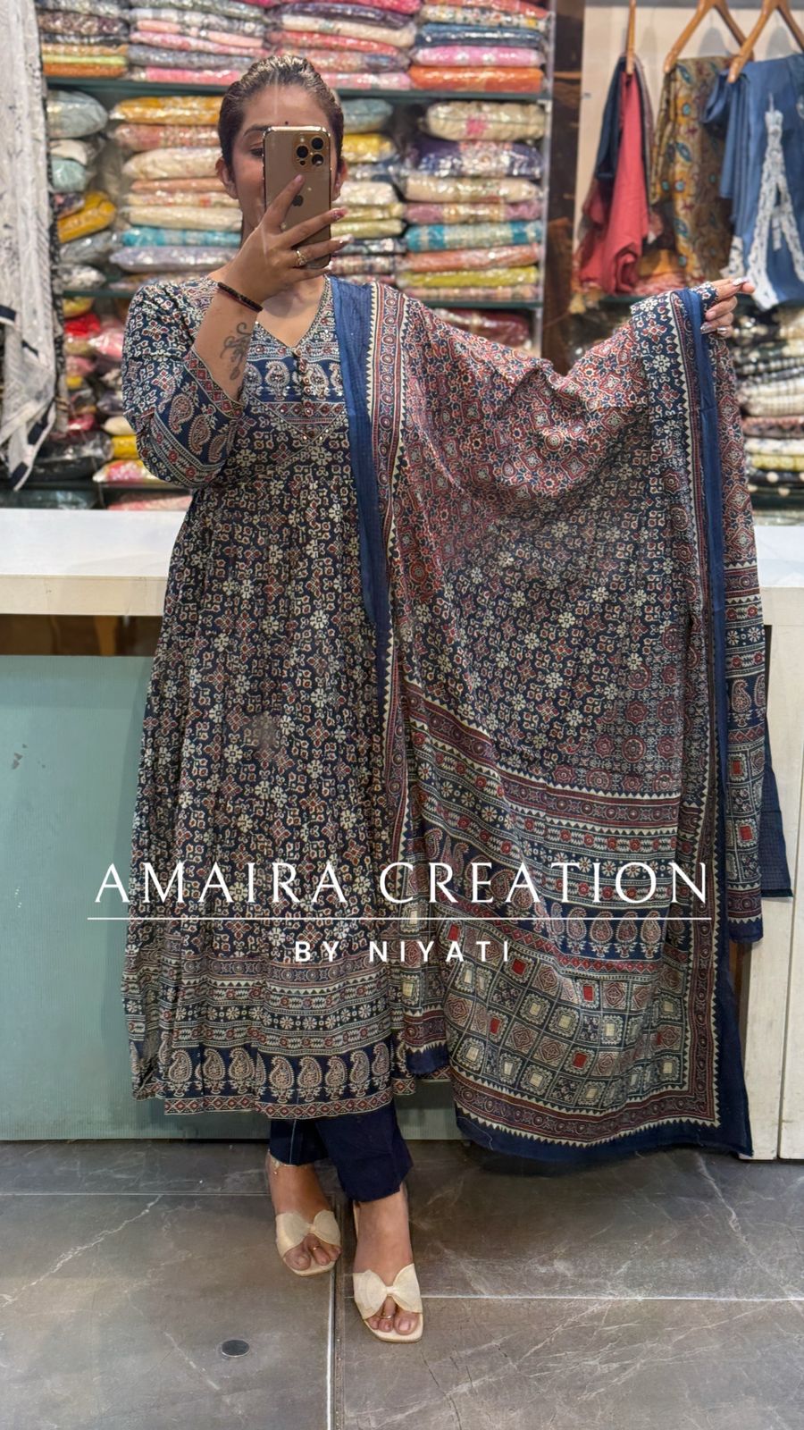Blue Color Ajrak Print Anarkali Set