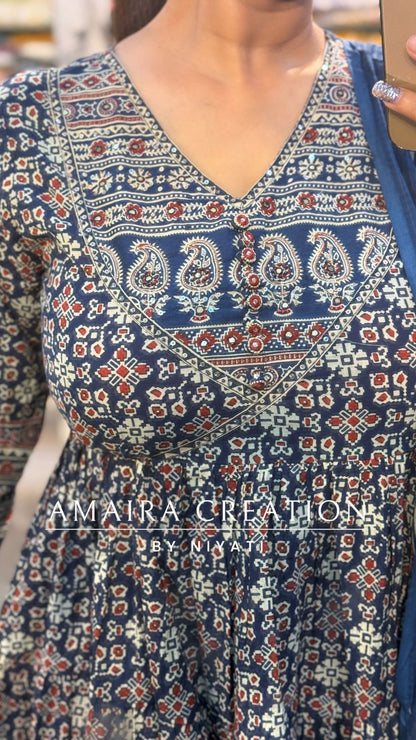 Blue Color Ajrak Print Anarkali Set