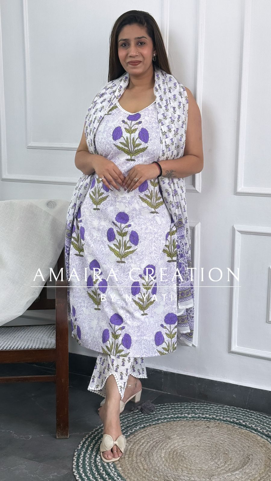 Purple Strap Pattern Designer Pant Set (Sleeves Available)