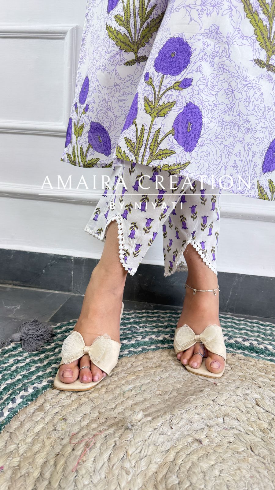 Purple Strap Pattern Designer Pant Set (Sleeves Available)