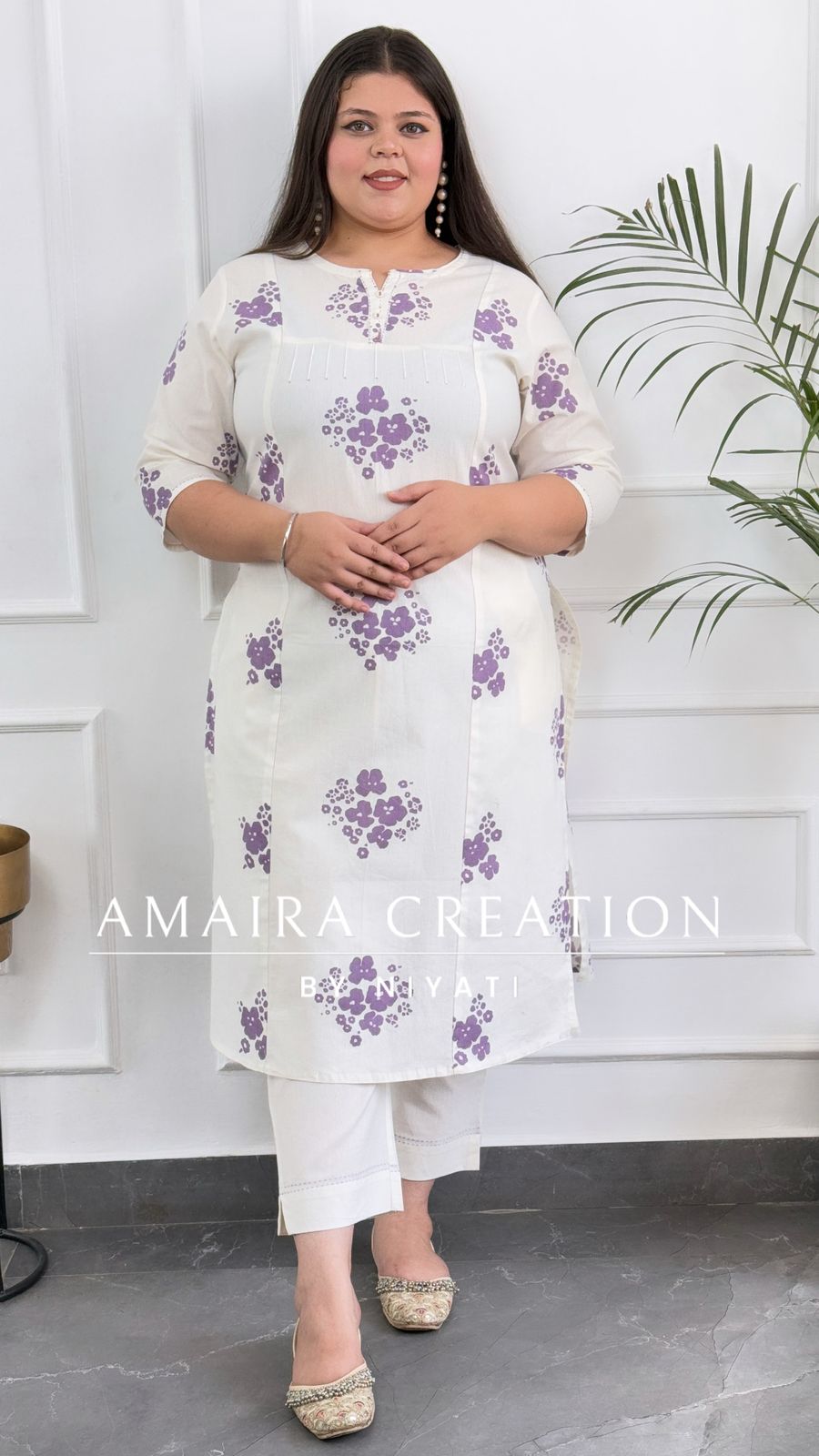 White & Lavender Cotton Pant Set