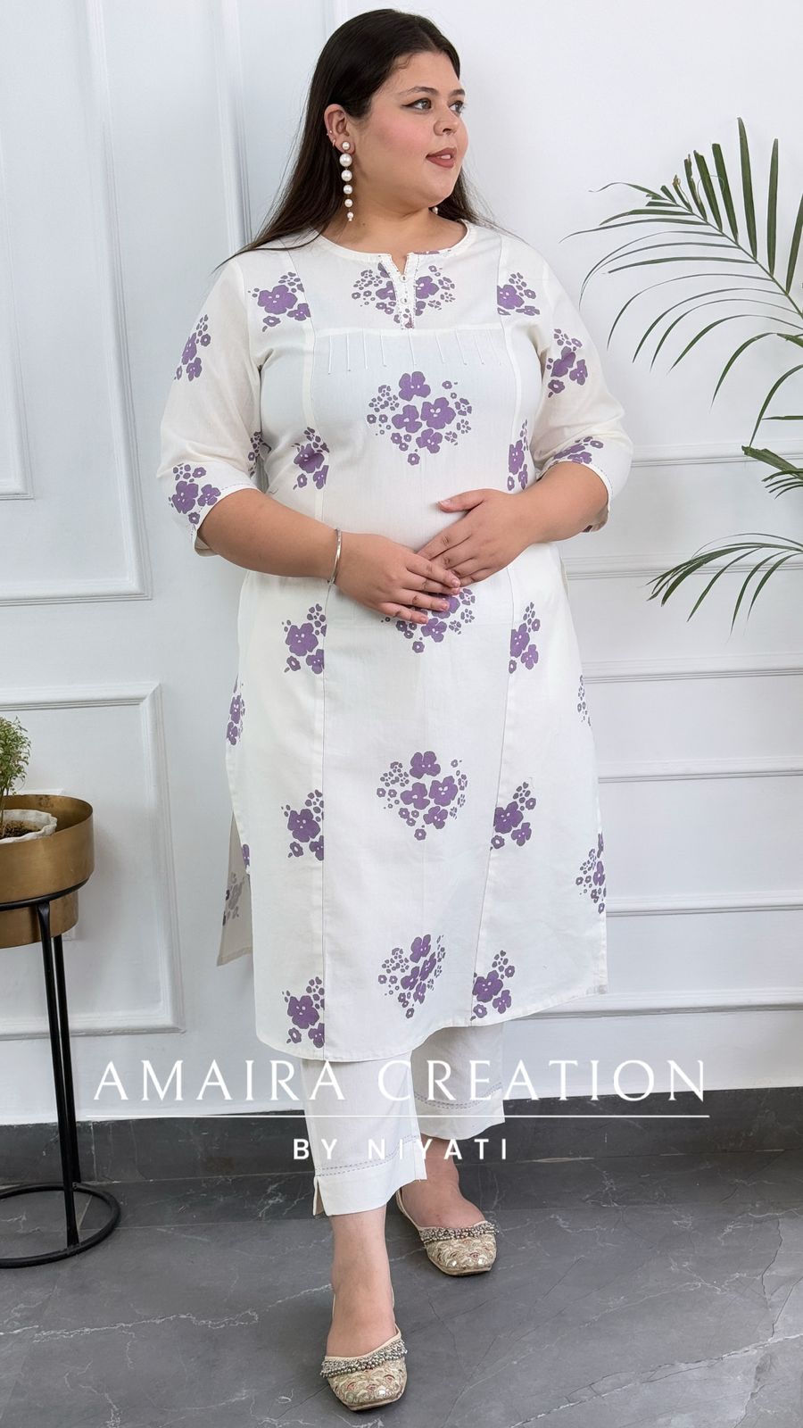White & Lavender Cotton Pant Set