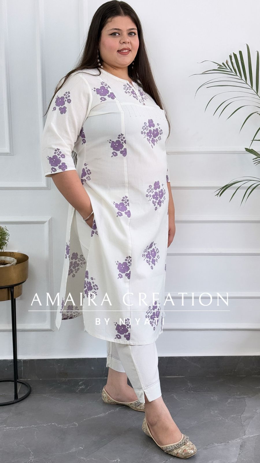 White & Lavender Cotton Pant Set