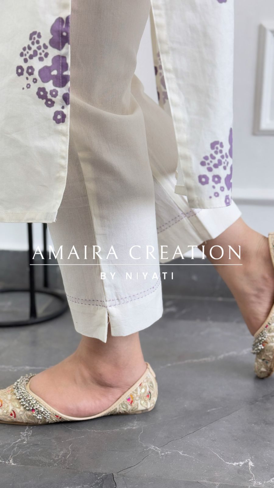 White & Lavender Cotton Pant Set