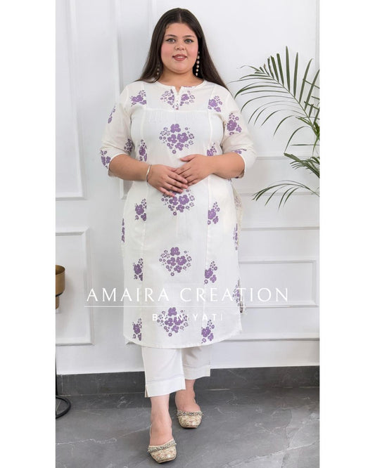 White & Lavender Cotton Pant Set