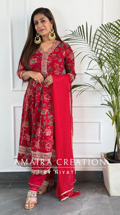 Red Printed Cotton Anarkali Set