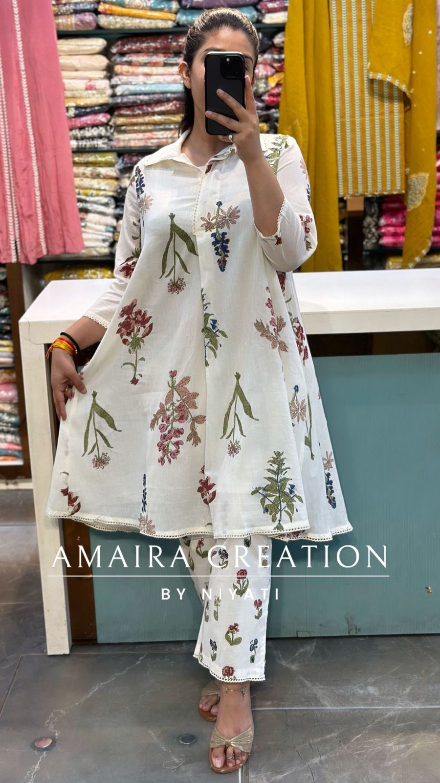 Cream Mul Cotton A Line Indo Western Set
