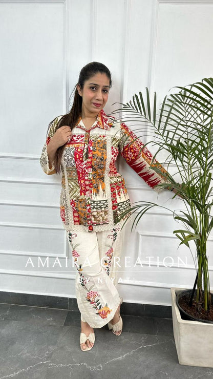 Multi Color Cotton Cord Set With Thread Embroidered Plazo
