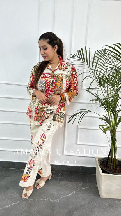 Multi Color Cotton Cord Set With Thread Embroidered Plazo
