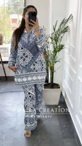 Reyon Fabric White & Blue Cordset