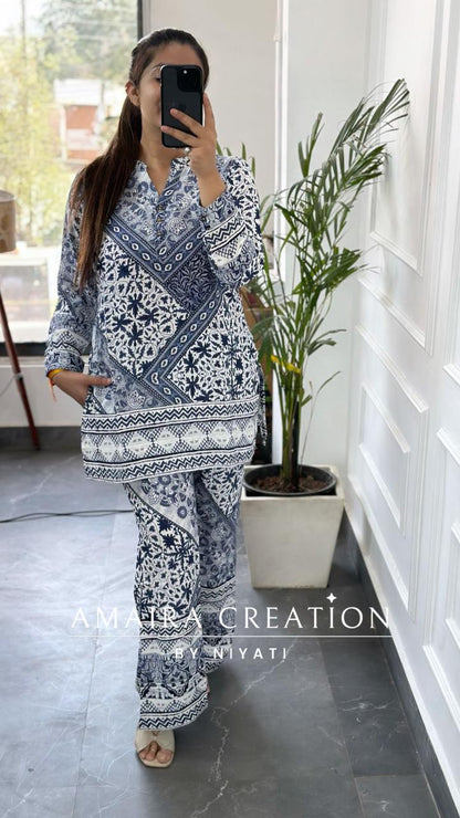 Reyon Fabric White & Blue Cordset