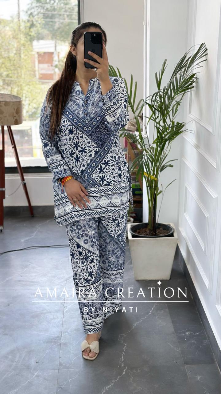 Reyon Fabric White & Blue Cordset