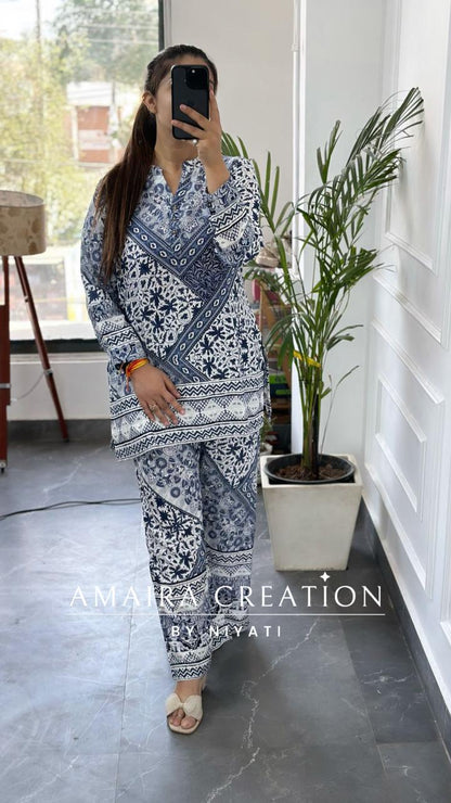 Reyon Fabric White & Blue Cordset